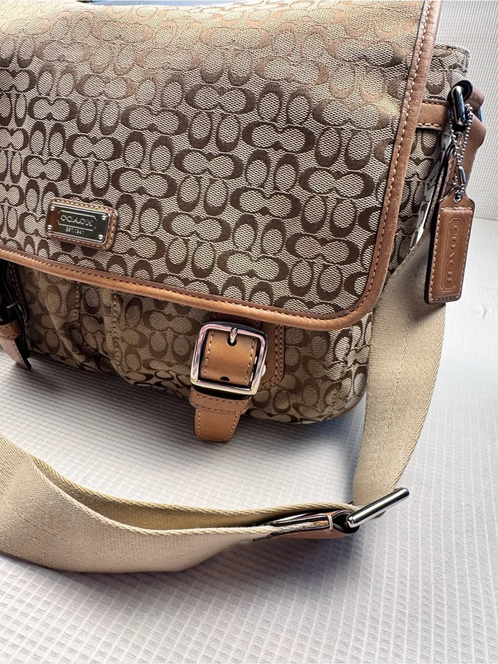 Coach Tan Signature Canvas Messenger Bag with Brown Leather Trim